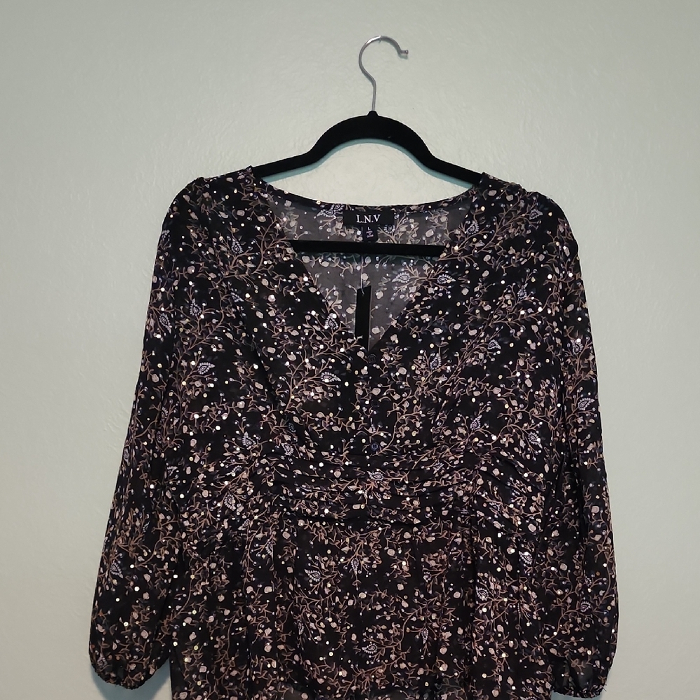 Women's Black And Gold Floral Top